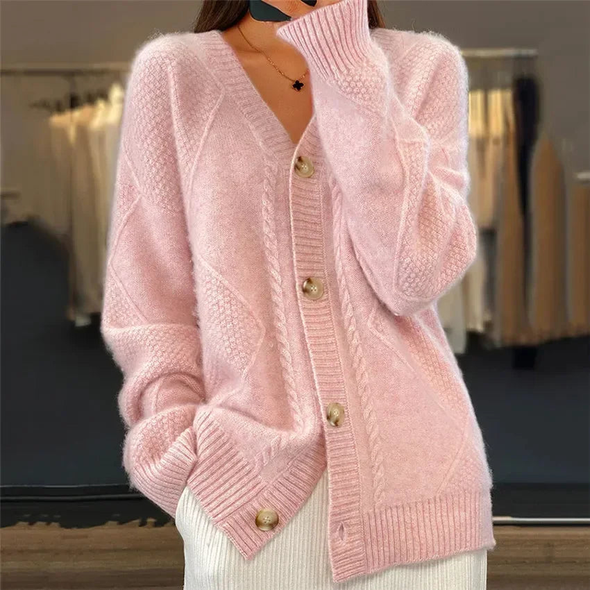 Breasted Trend Solid Color V-neck Knitted Brocade Long Sleeve Women Coats - Fashionpara