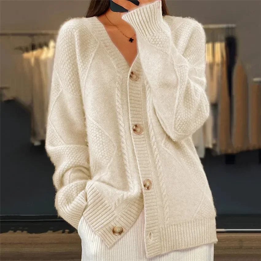 Breasted Trend Solid Color V-neck Knitted Brocade Long Sleeve Women Coats - Fashionpara