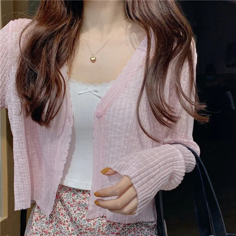 V-Neck Thin Sunscreen Korean Style Knit Summer Cardigan Pink / One Size cardiagn-250126