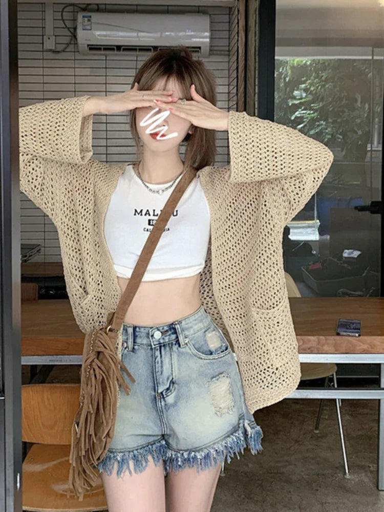 Hollow Out Sunscreen Knitting Summer Thin Sling Loose Ladies Coats - Fashionpara