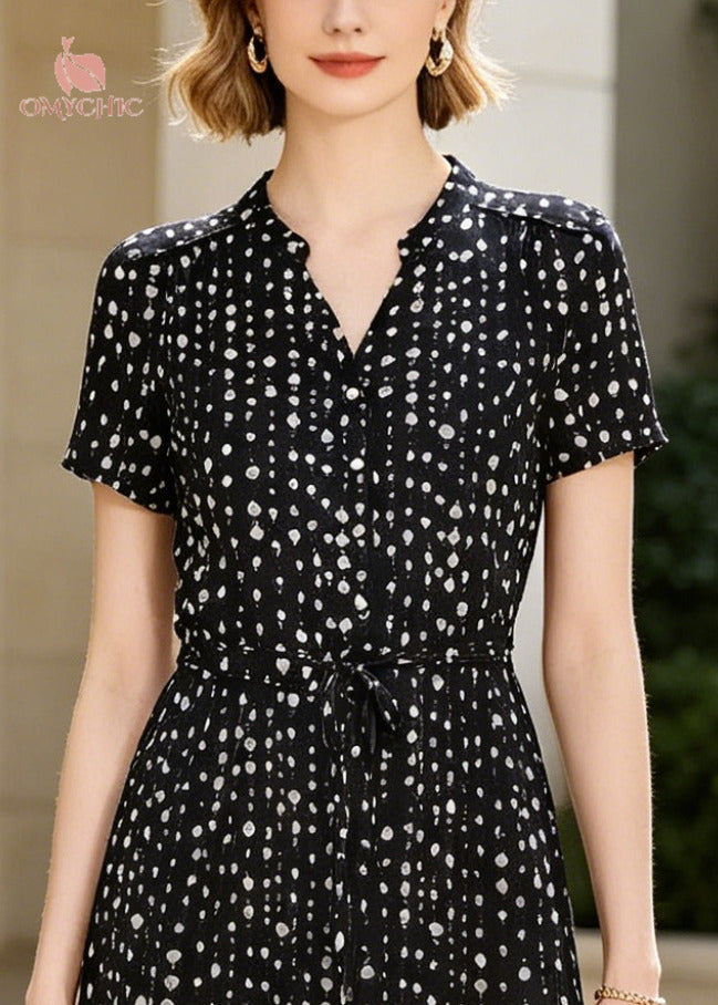 Polka Dot V-Neck Stand Collar Button Front Tie Waist Midi Dress - View 2
