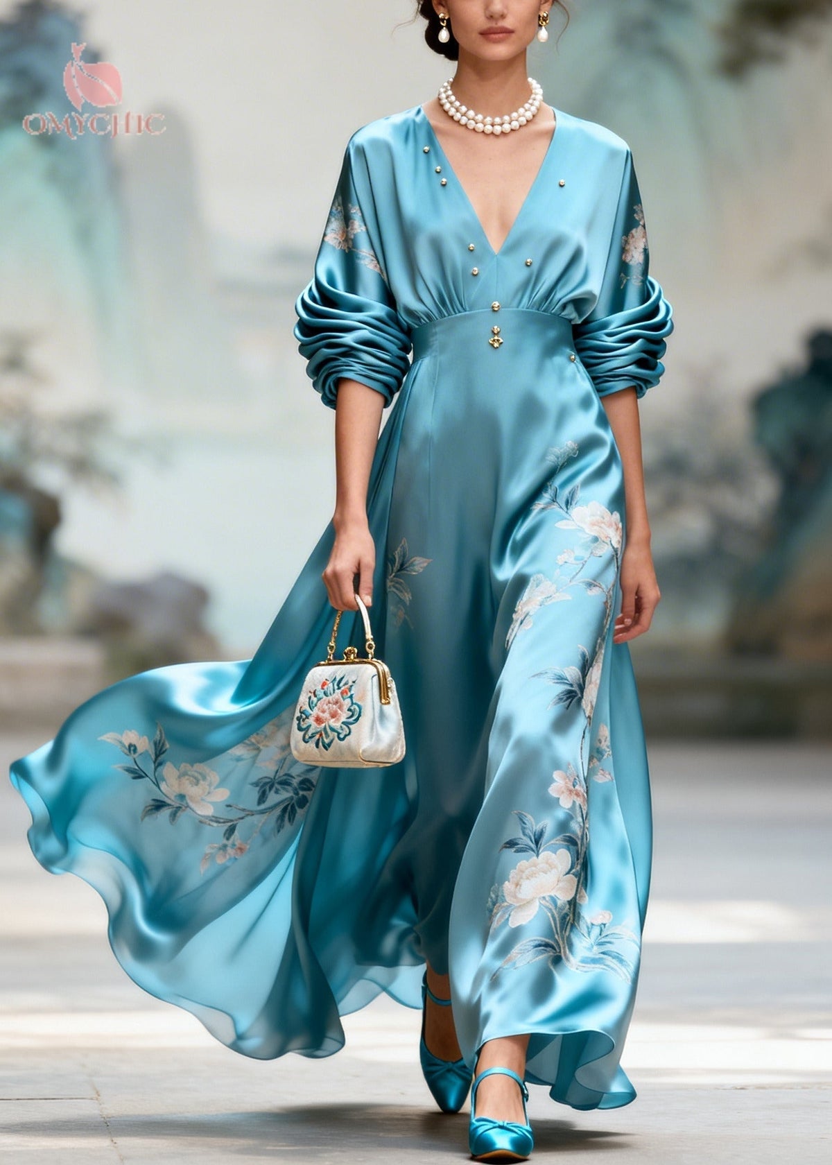 Satin Floral Embroidery Deep V-Neck Ruched A-Line Maxi Gown