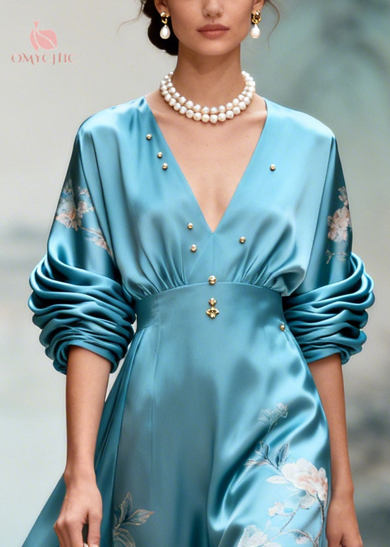 Satin Floral Embroidery Deep V-Neck Ruched A-Line Maxi Gown - View 2