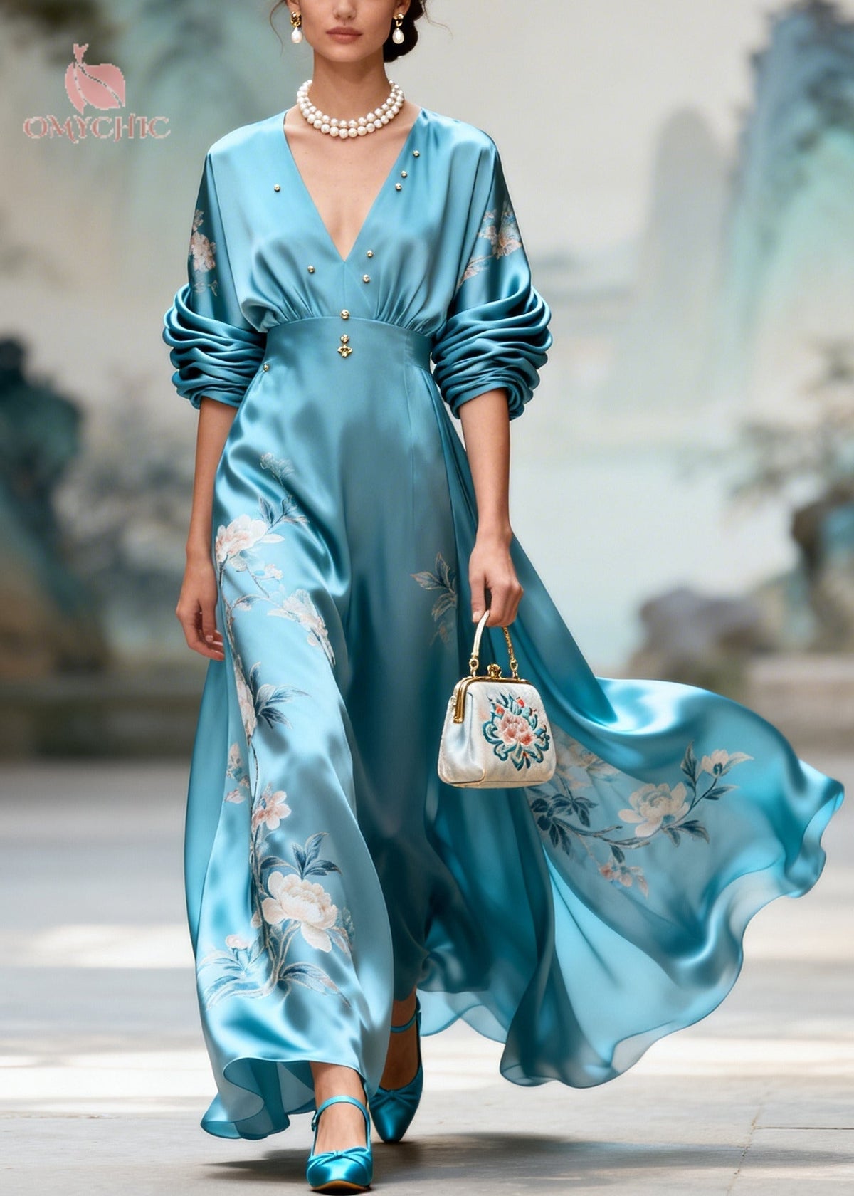 Satin Floral Embroidery Deep V-Neck Ruched A-Line Maxi Gown - View 3