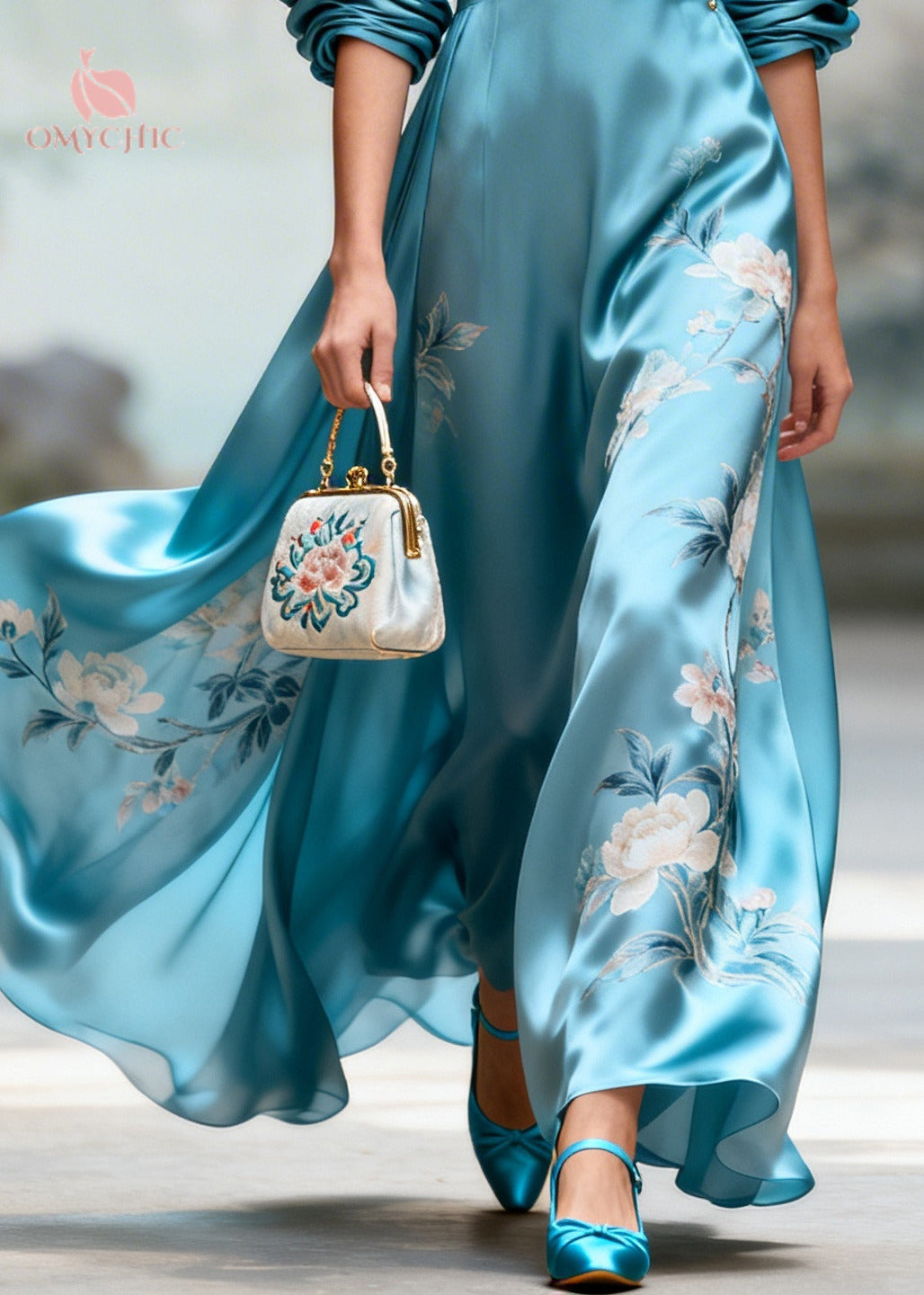 Satin Floral Embroidery Deep V-Neck Ruched A-Line Maxi Gown - View 4