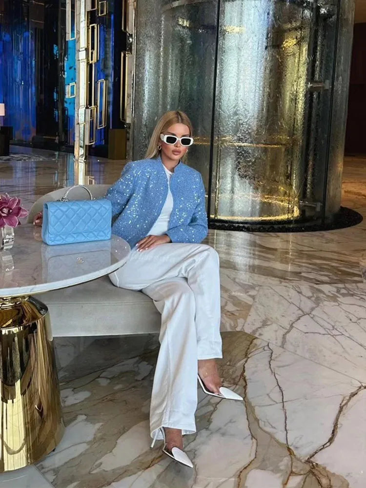 Casual Blue Sequined Round Neck Long Sleeve Fashion Coats - Fashionpara