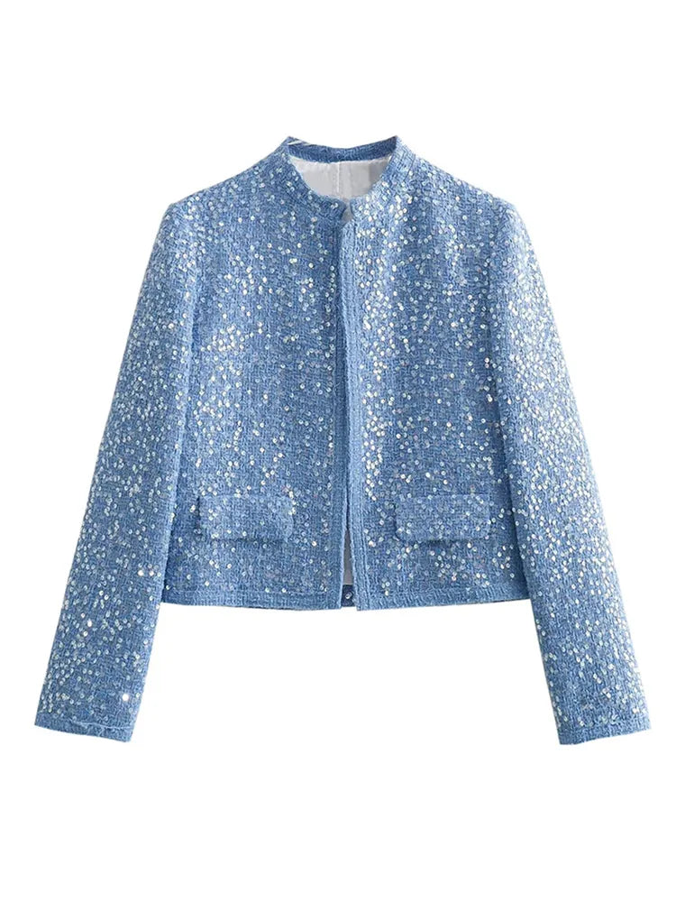 Casual Blue Sequined Round Neck Long Sleeve Fashion Coats - Fashionpara