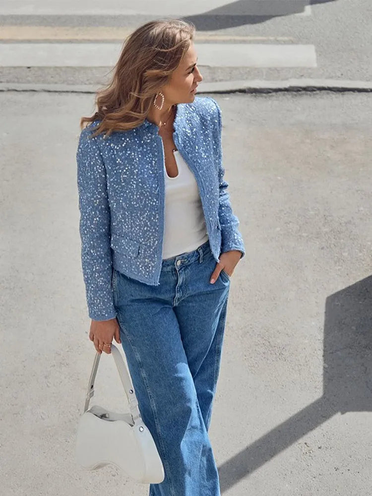 Casual Blue Sequined Round Neck Long Sleeve Fashion Coats - Fashionpara