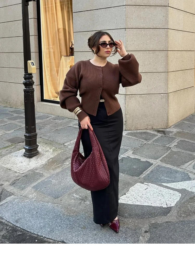 Coffee Color Round Neck Loose Cardigan