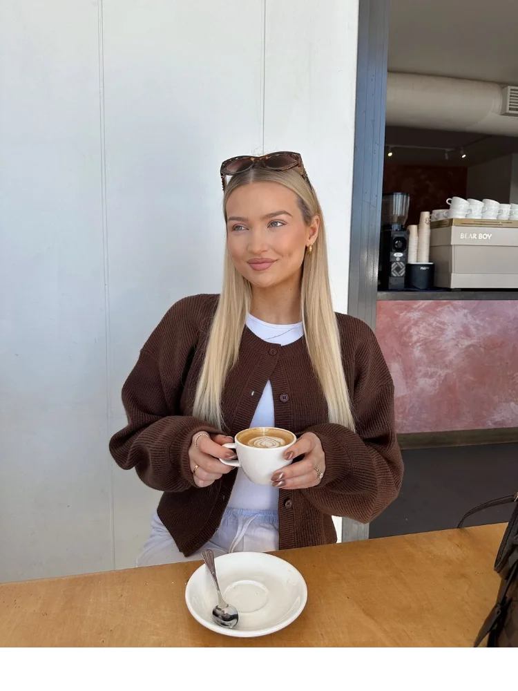 Coffee Color Round Neck Loose Cardigan