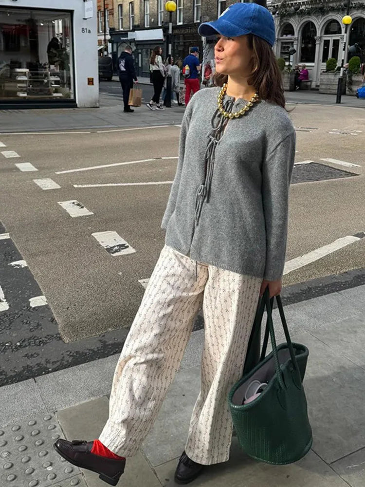Casual Knit Round Neck Hollow Out Solid Long Sleeves Lace Up Cardigan 2