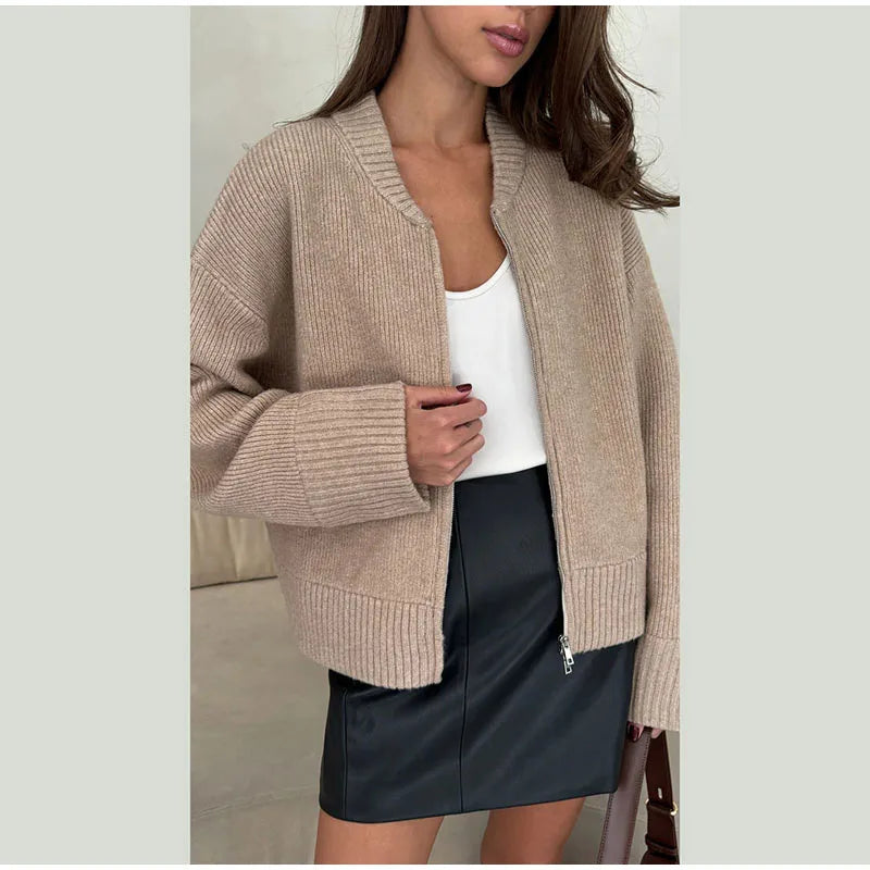 O-neck Zipper Loose Knit Cardigan - Fashionpara