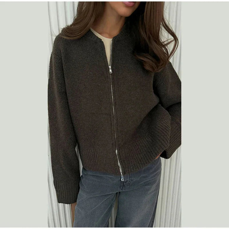 O-neck Zipper Loose Knit Cardigan - Fashionpara