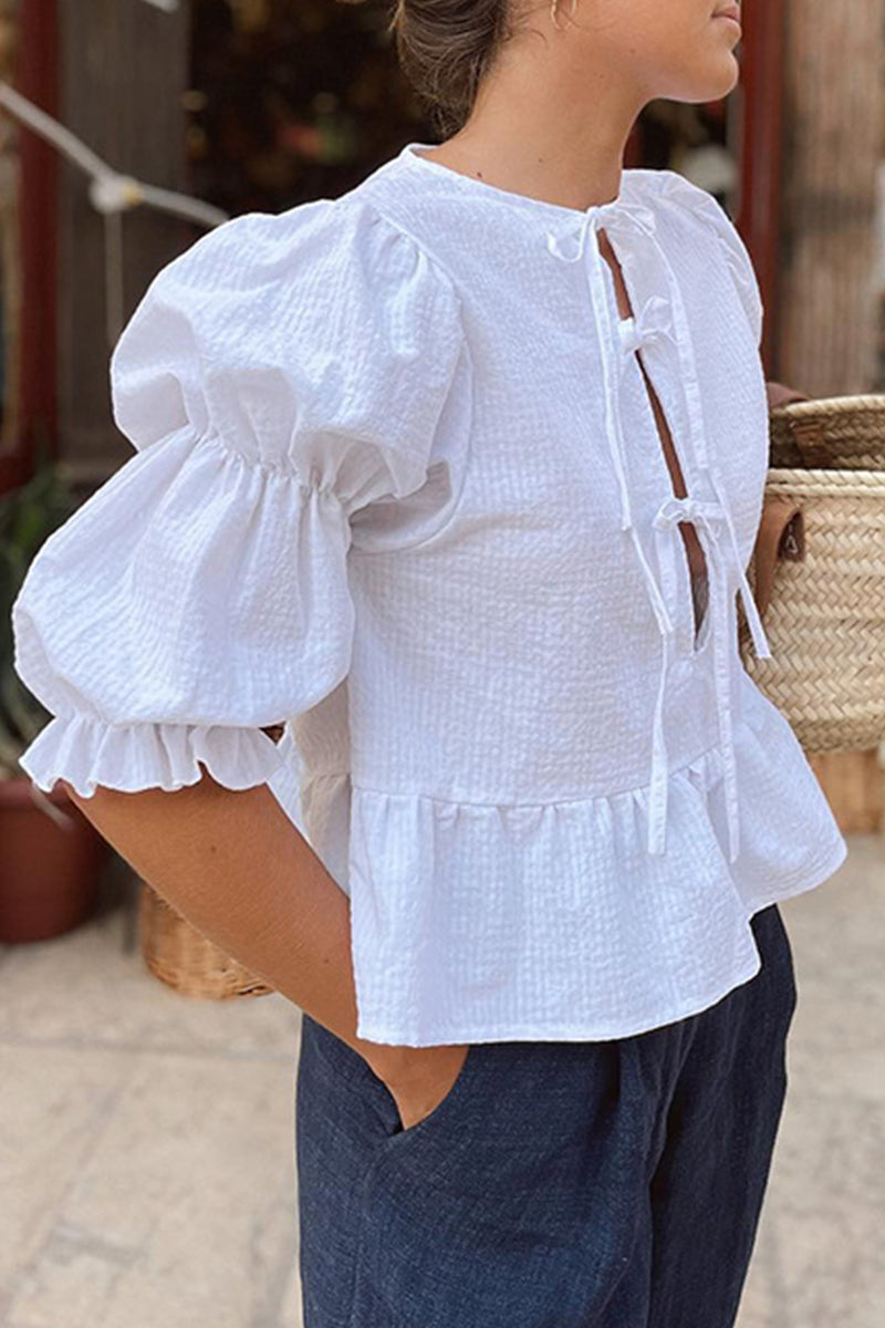 Casual Lace Up O Neck Blouses - Fashionpara