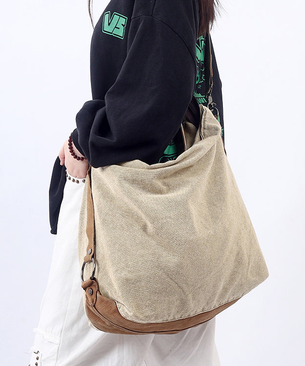 Casual Large Capacity Coffee Calf Leather Patchwork Canvas Satchel Bag Handbag