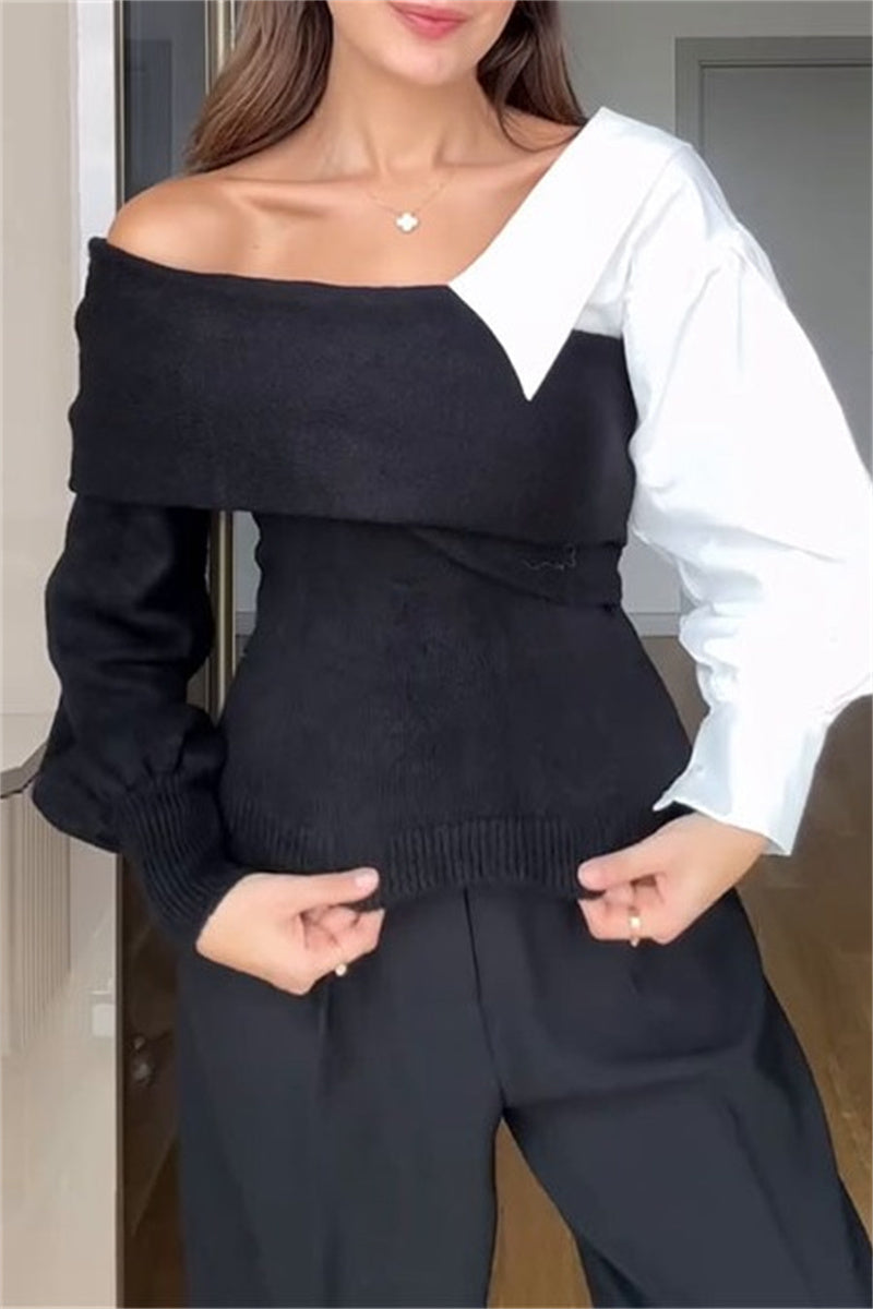 Sunnylula Casual V Neck Patchwork Sweater for Effortless Style