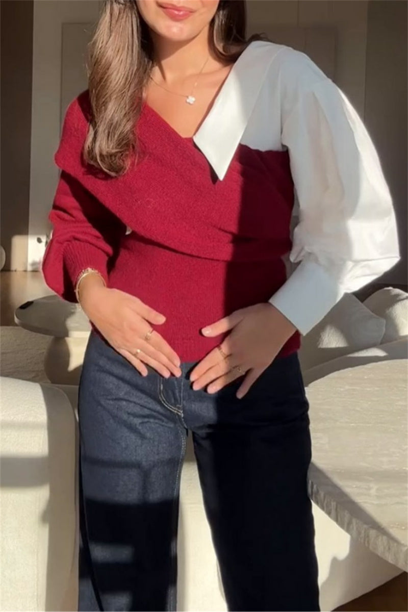 Sunnylula Casual V Neck Patchwork Sweater for Effortless Style