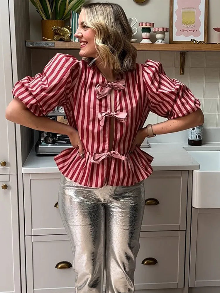 Pink Stripe Bow Lace Up Short Blouse