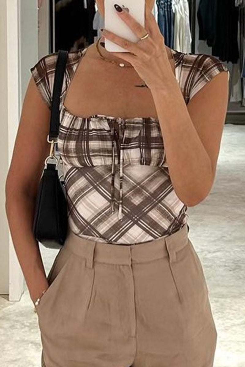 Casual Plaid Patchwork Contrast Square Neck T-Shirts - Fashionpara