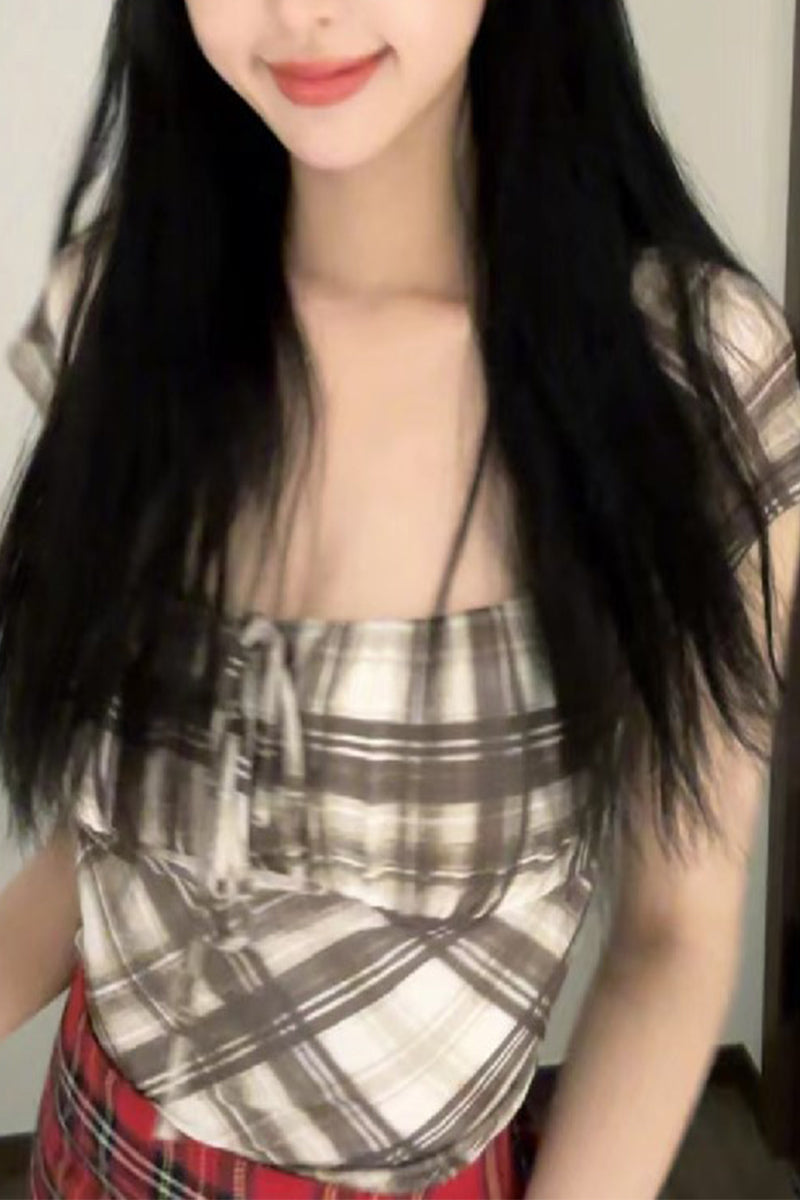 Casual Plaid Patchwork Contrast Square Neck T-Shirts - Fashionpara