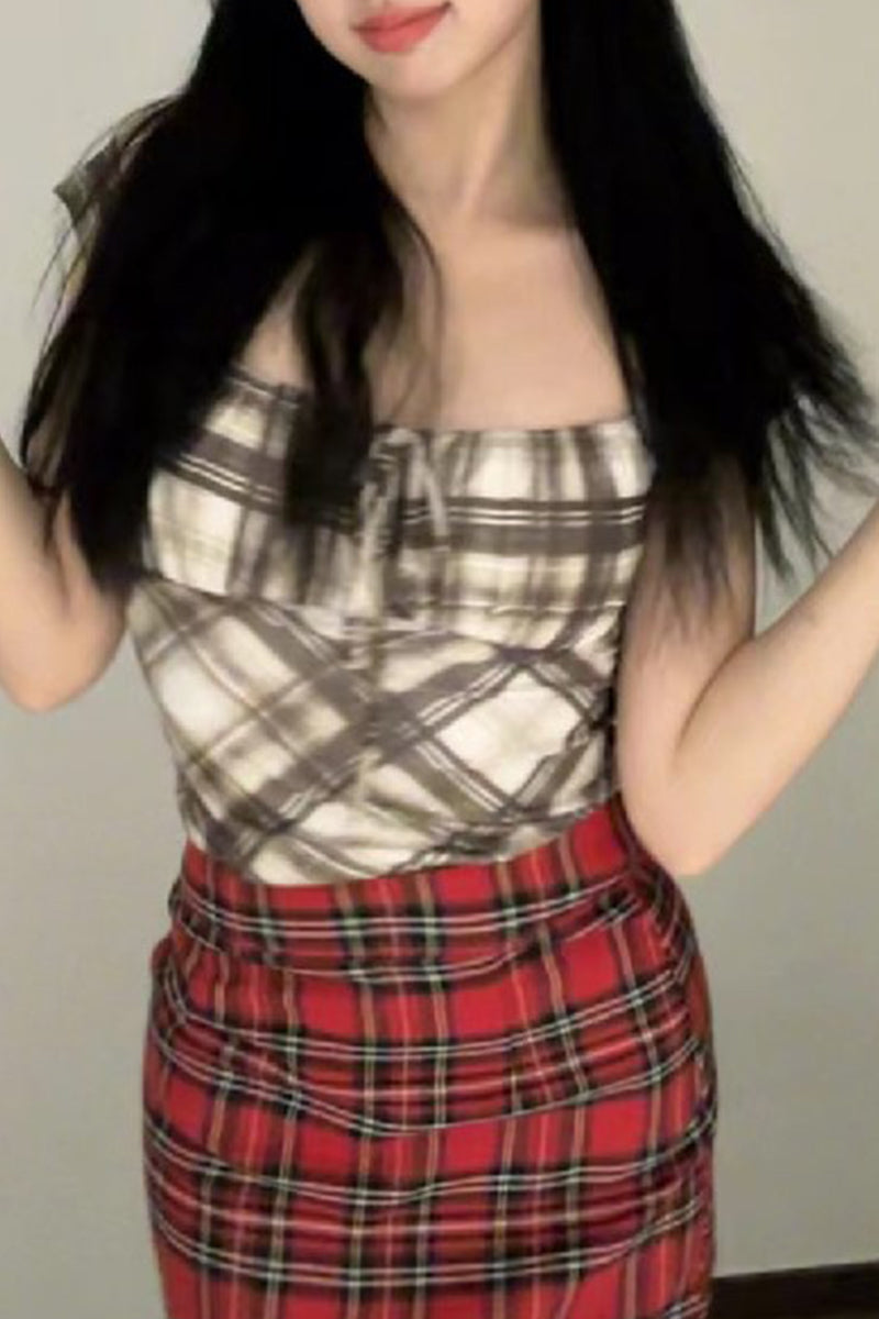 Casual Plaid Patchwork Contrast Square Neck T-Shirts - Fashionpara