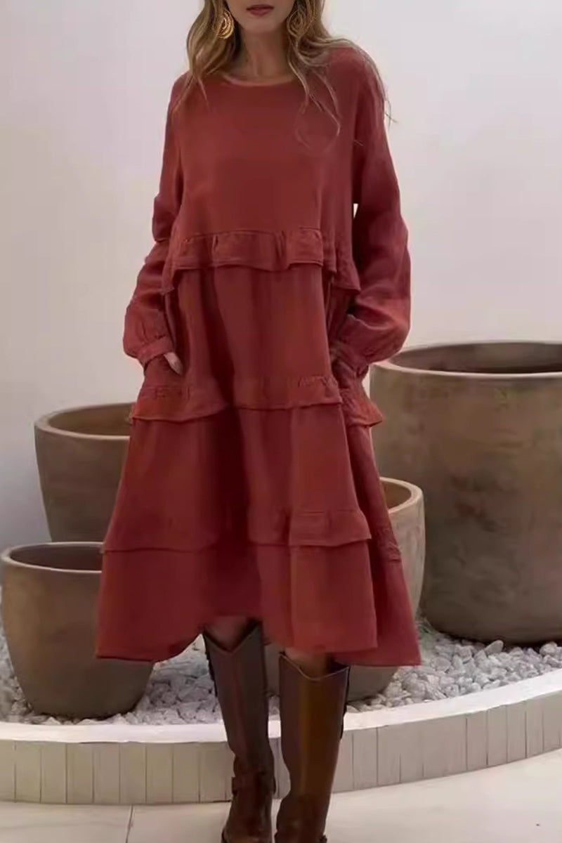 Casual Pocket Ruffle O Neck A Line Dresses(4 Colors) - Fashionpara