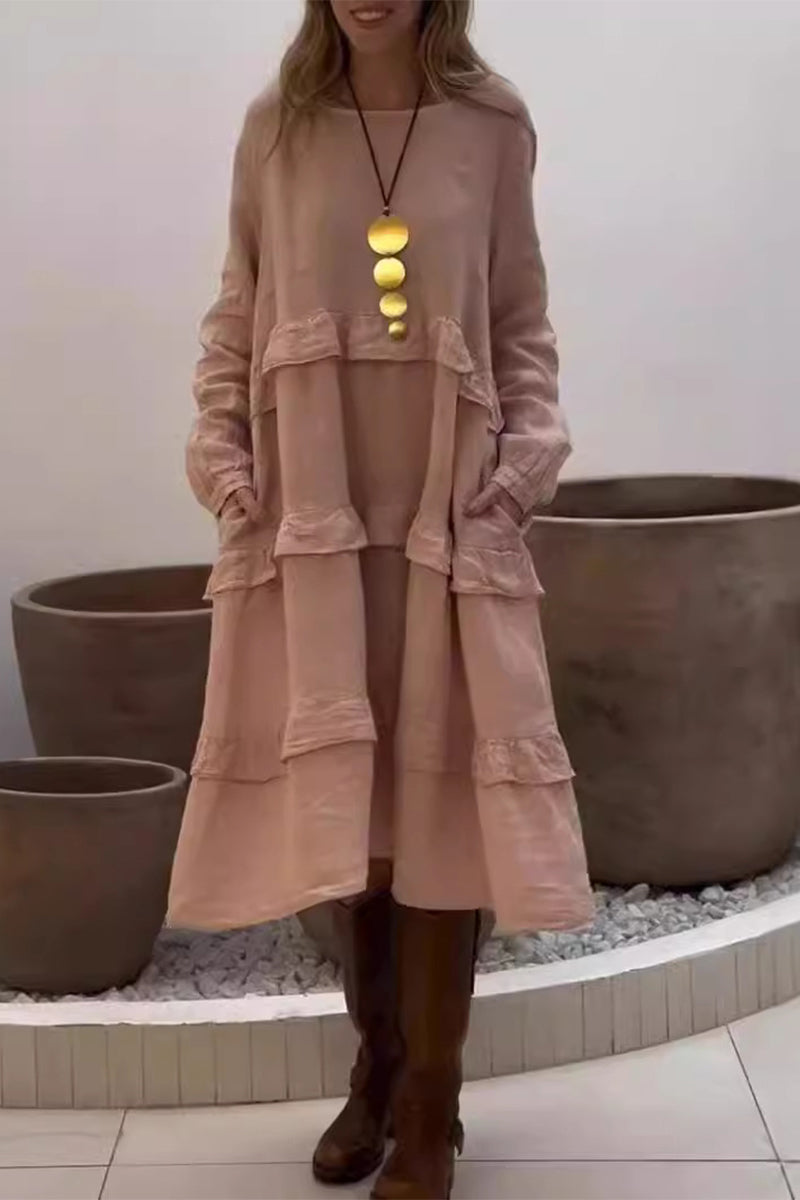 Casual Pocket Ruffle O Neck A Line Dresses(4 Colors) - Fashionpara