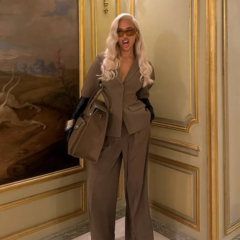 Puff Sleeve Blazer Wide Trousers Office Two Piece Set