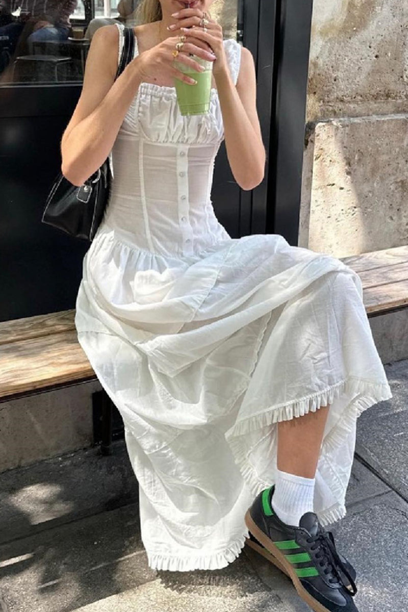 Casual Ruched Square Neck Long Dresses