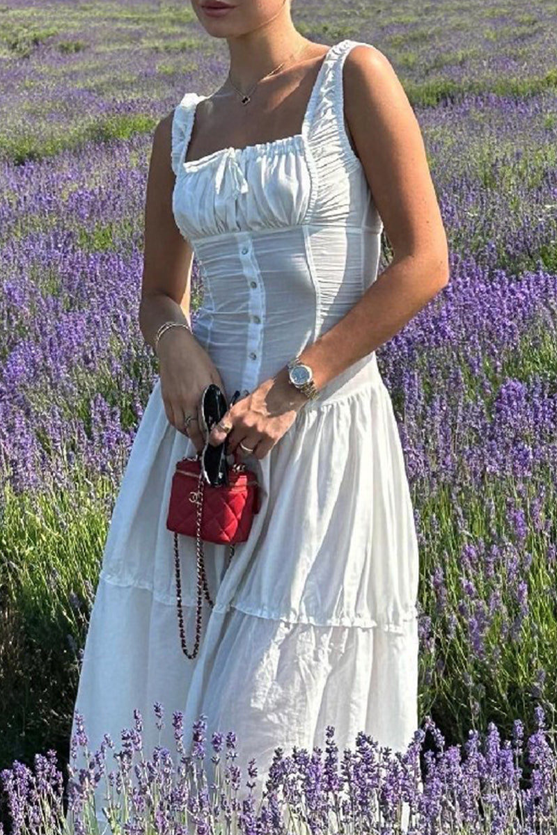 Casual Ruched Square Neck Long Dresses