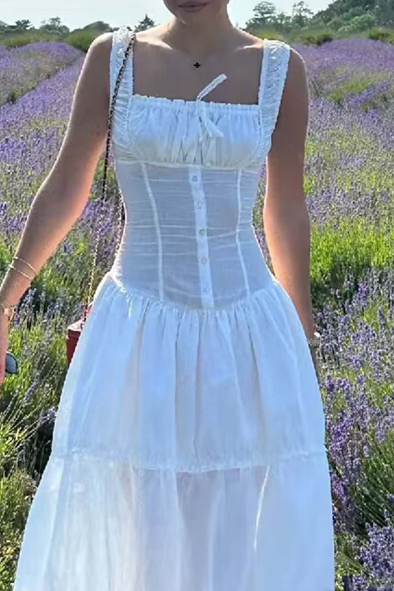 Casual Ruched Square Neck Long Dresses