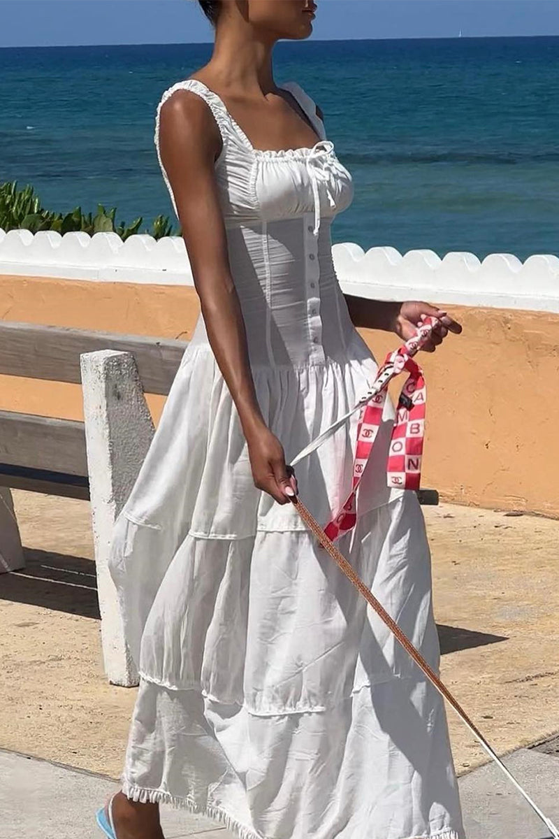 Casual Ruched Square Neck Long Dresses