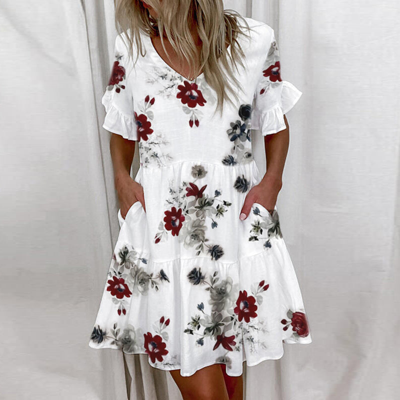 Summer Short Sleeve Floral Print Beach Dresses 5