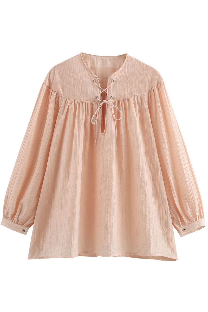 Casual Solid Color Lace Up O Neck Blouses