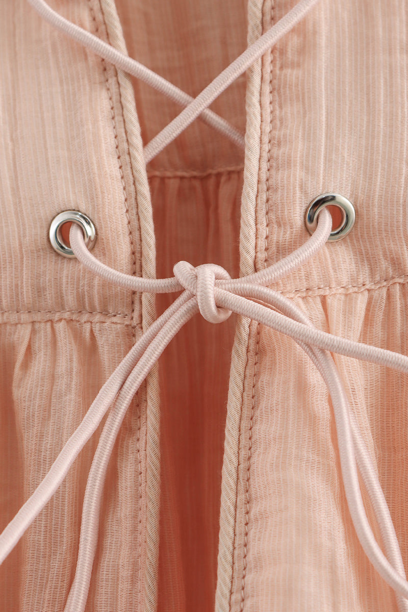 Casual Solid Color Lace Up O Neck Blouses