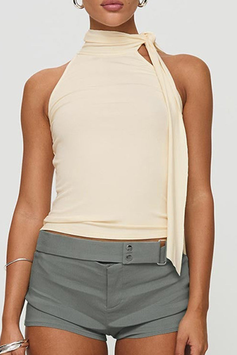 Casual Solid Color Lace Up Turtleneck Tops - Fashionpara