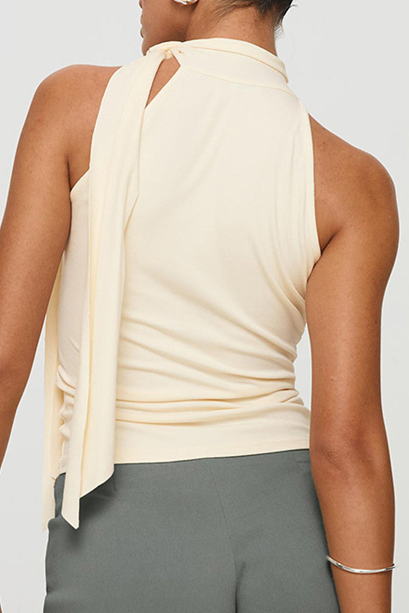 Casual Solid Color Lace Up Turtleneck Tops - Fashionpara