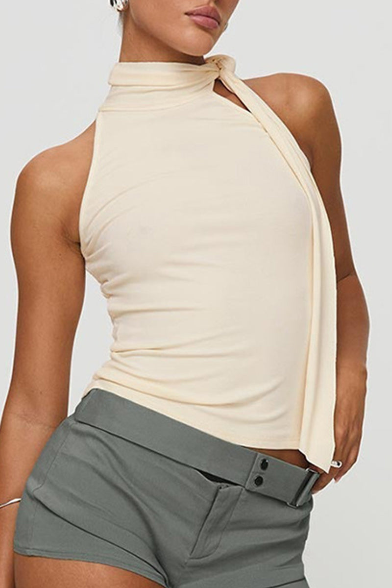 Casual Solid Color Lace Up Turtleneck Tops - Fashionpara