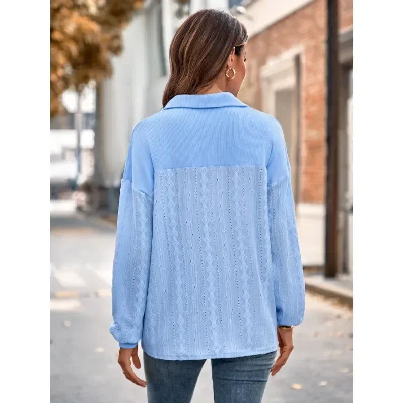 Solid Lapel Pullover Knit Blouse Elegant Blouse