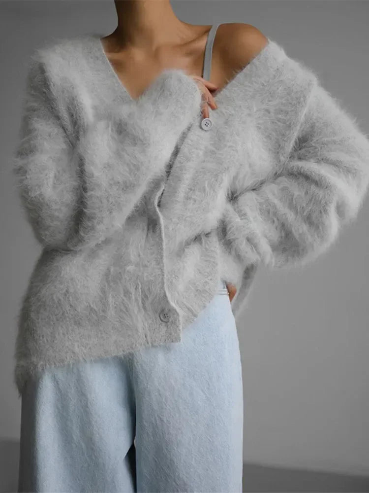 Furry Button Long Sleeve Cardigan 6