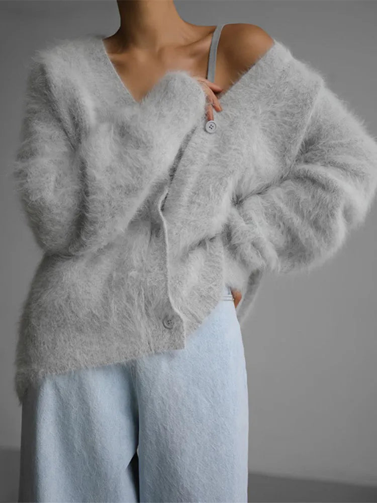 Furry Button Long Sleeve Cardigan