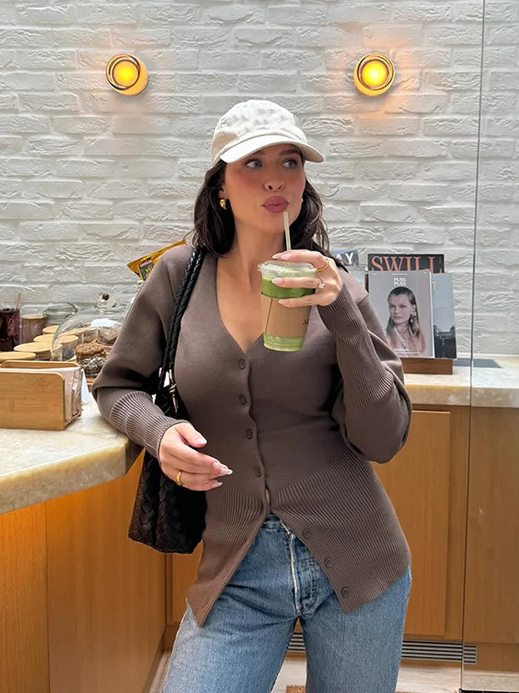 V-neck Solid Color Long Sleeve Cardigan