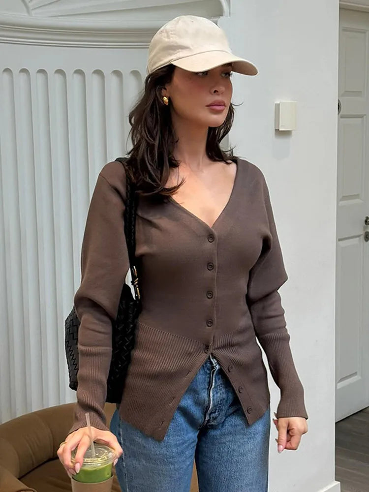 V-neck Solid Color Long Sleeve Cardigan