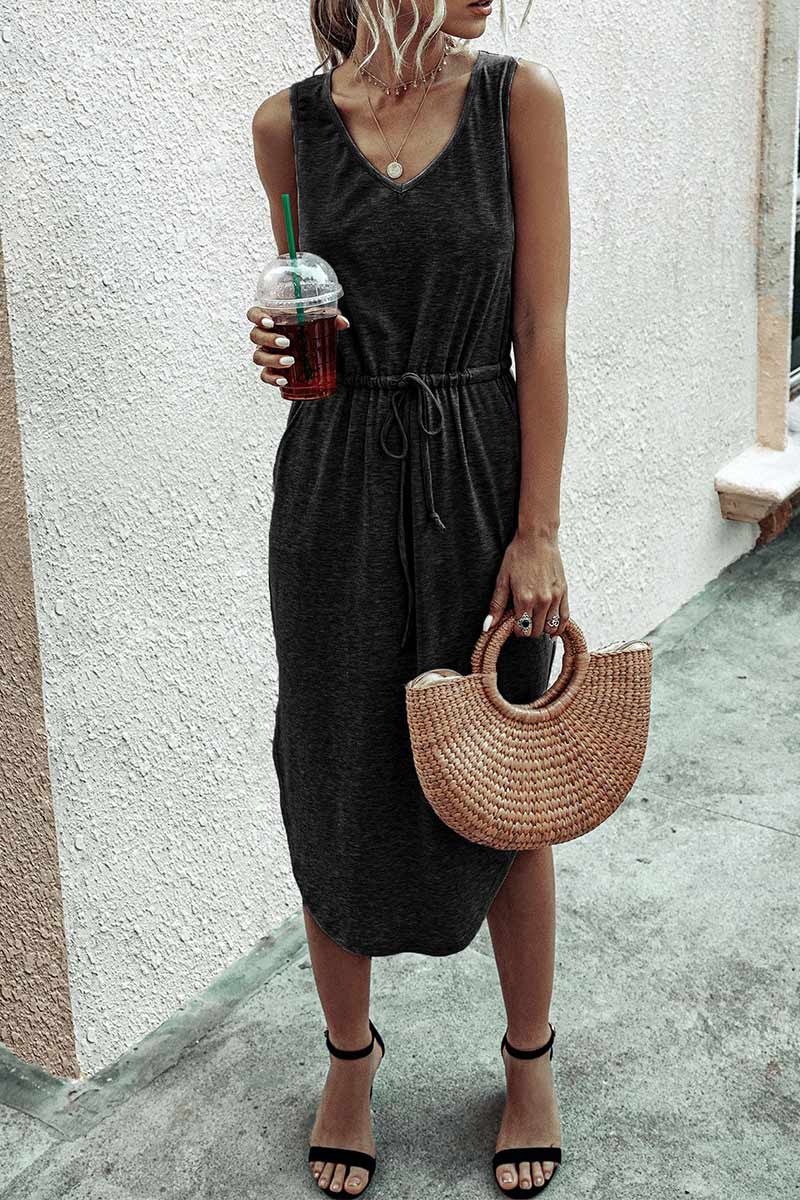 Casual Drawstring Tank Dress With Pocket - Mislish