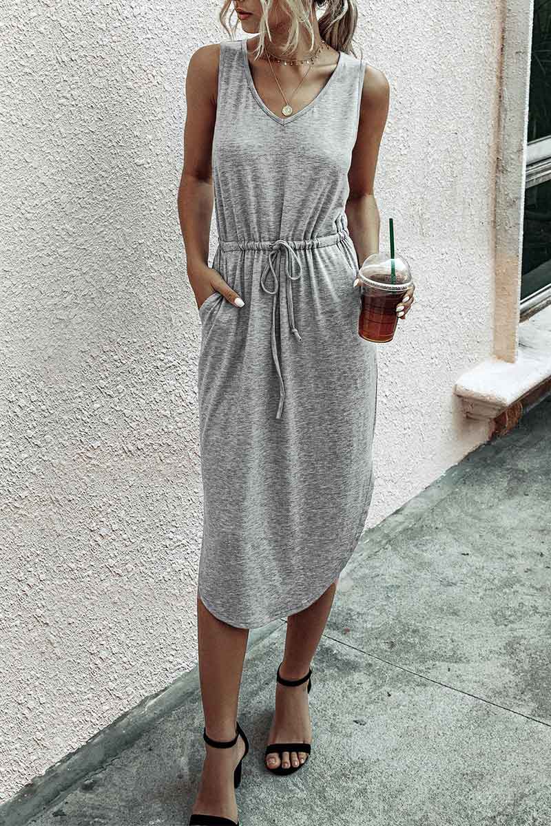 Casual Drawstring Tank Dress With Pocket - Mislish