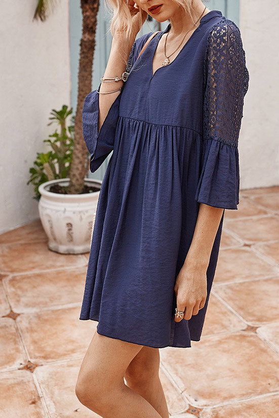 Casual V-neck Lace Panel Tunic Dress - Mislish