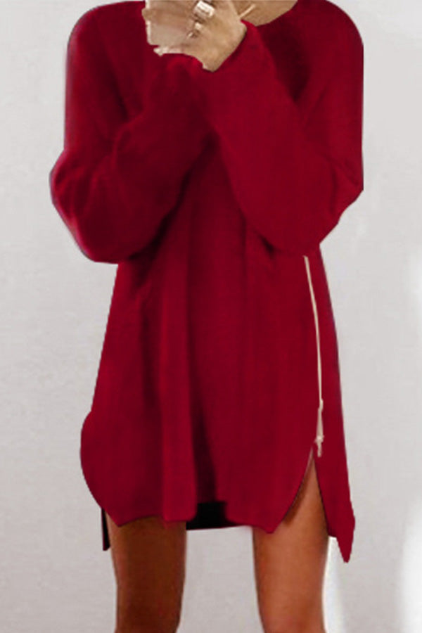 Solid Loose Zip Casual Sweater Dress - Mislish