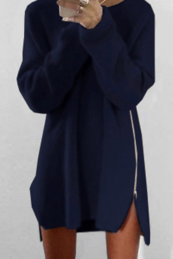 Solid Loose Zip Casual Sweater Dress - Mislish