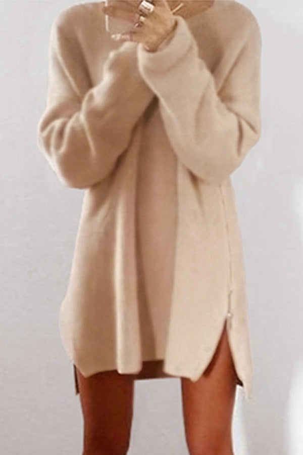 Solid Loose Zip Casual Sweater Dress - Mislish