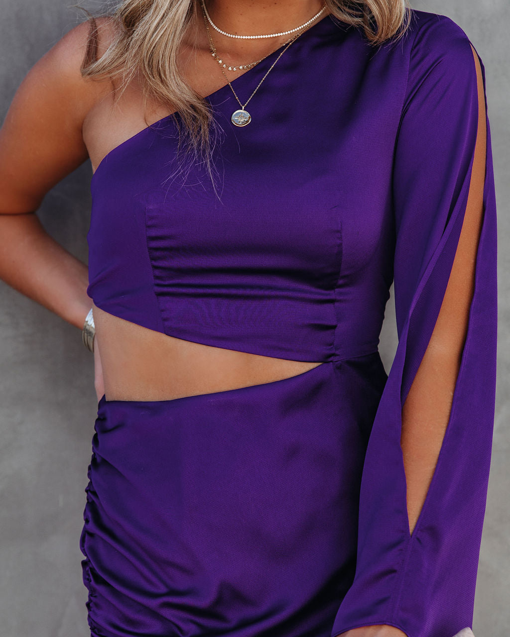Satin One Shoulder Long Sleeve Cutout Ruched Bodycon Mini Dress
